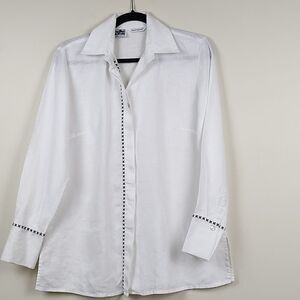 Richard Malcolm Irish Linen Long Sleeve Button Front Blouse Top Black Embroidery